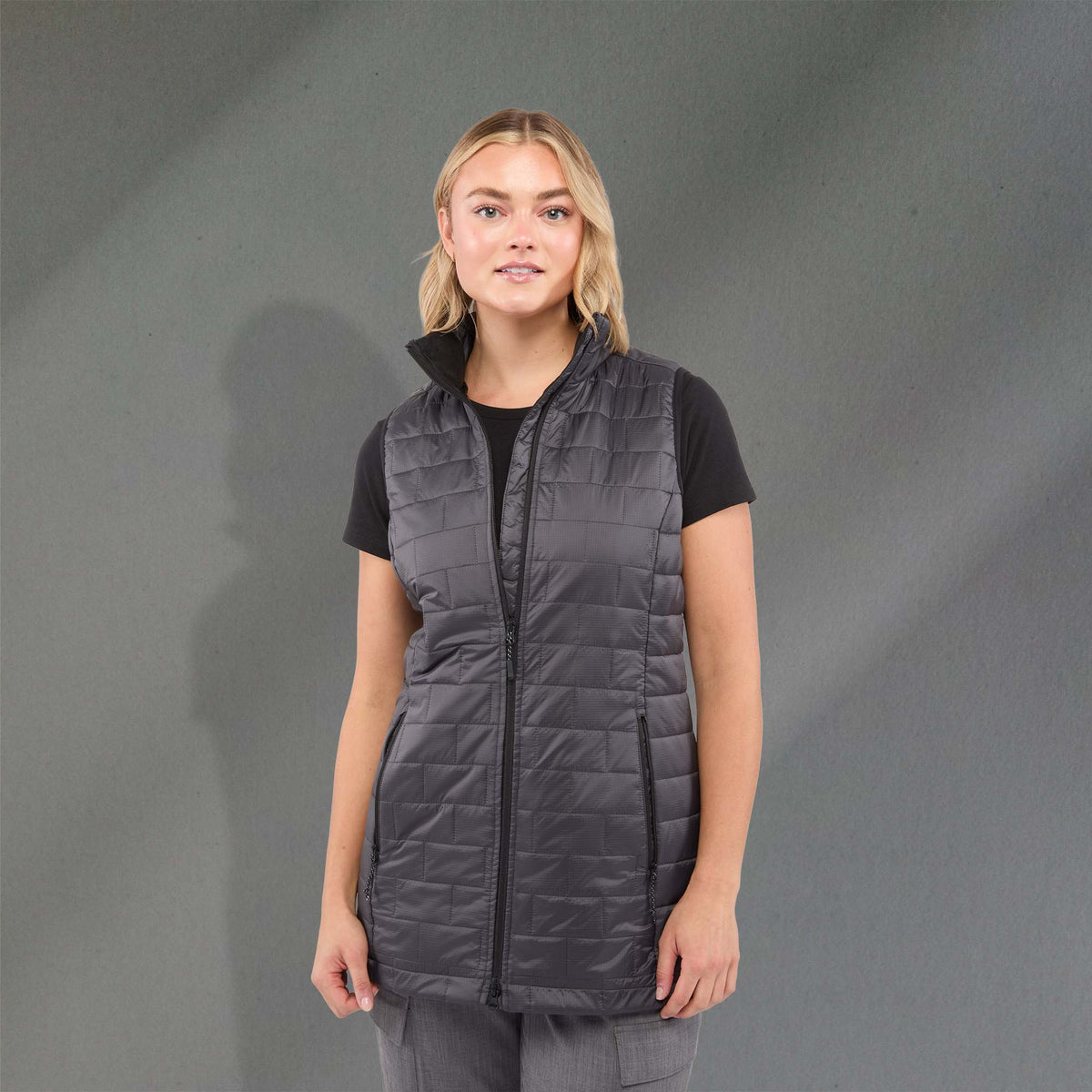 Telluride Packable Puffer Vest for Women Embroidery - Grey Storm - Front On Model