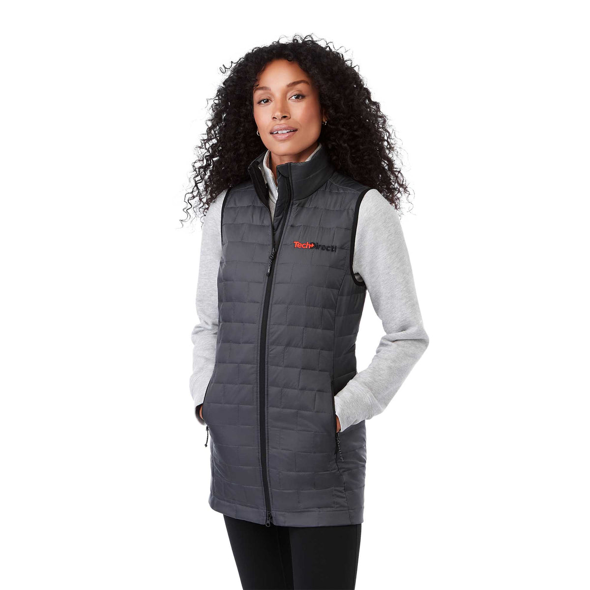 Telluride Packable Puffer Vest for Women Embroidery - Grey Storm - Left Angle On Model 4
