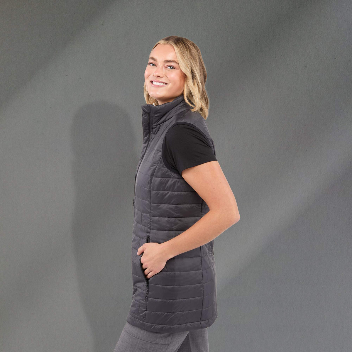 Telluride Packable Puffer Vest for Women Embroidery - Grey Storm - Left Side On Model