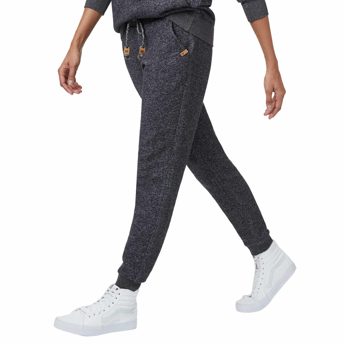 Tentree Bamone Sweatpants for Women Embroidery - ten Meteorite Black Space Dye - On Model Right Angle