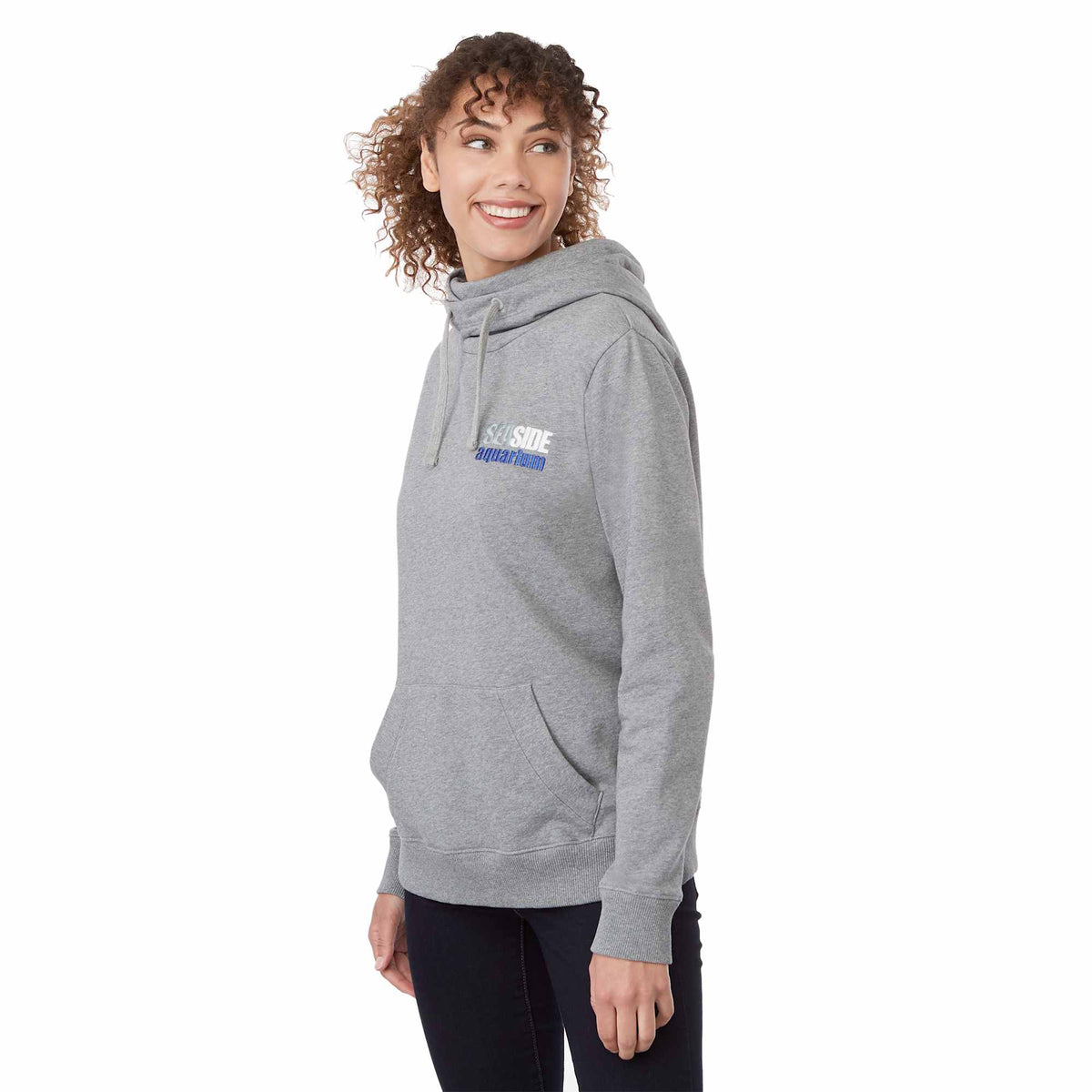Tentree Banshee Organic Cotton Cowl Hoodie for Women Transfer - ten Heather Grey - On Model Right Angle