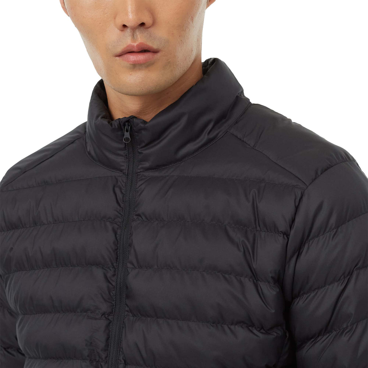 tentree Cloud Shell Packable Puffer Jacket for Men Transfer - ten Meteorite Black - Detail On Model