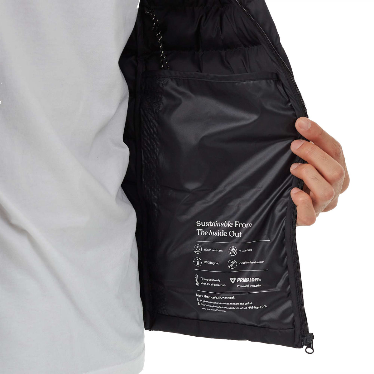 tentree Cloud Shell Packable Puffer Jacket for Men Transfer - ten Meteorite Black - Front Detail On Model 2