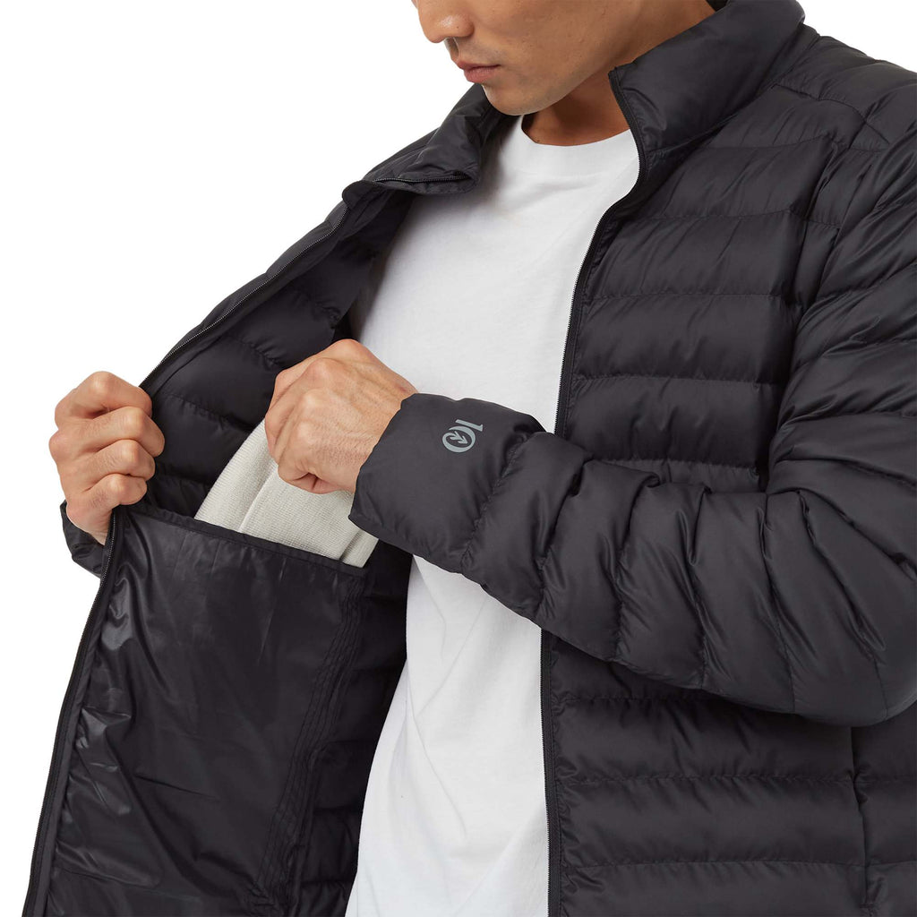 tentree Cloud Shell Packable Puffer Jacket for Men Transfer - ten Meteorite Black - Front Detail On Model 3