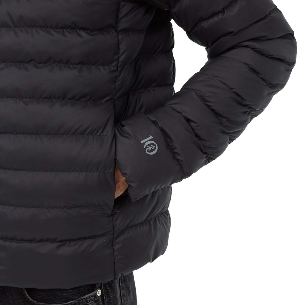 tentree Cloud Shell Packable Puffer Jacket for Men Transfer - ten Meteorite Black - Front Detail On Model