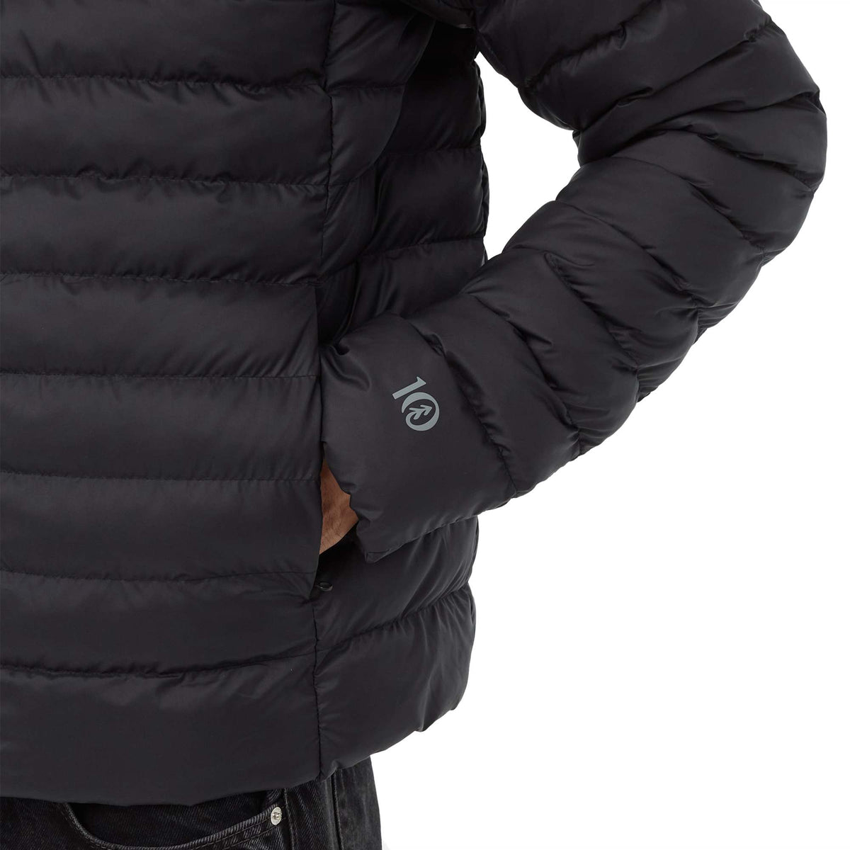 tentree Cloud Shell Packable Puffer Jacket for Men Transfer - ten Meteorite Black - Front Detail On Model