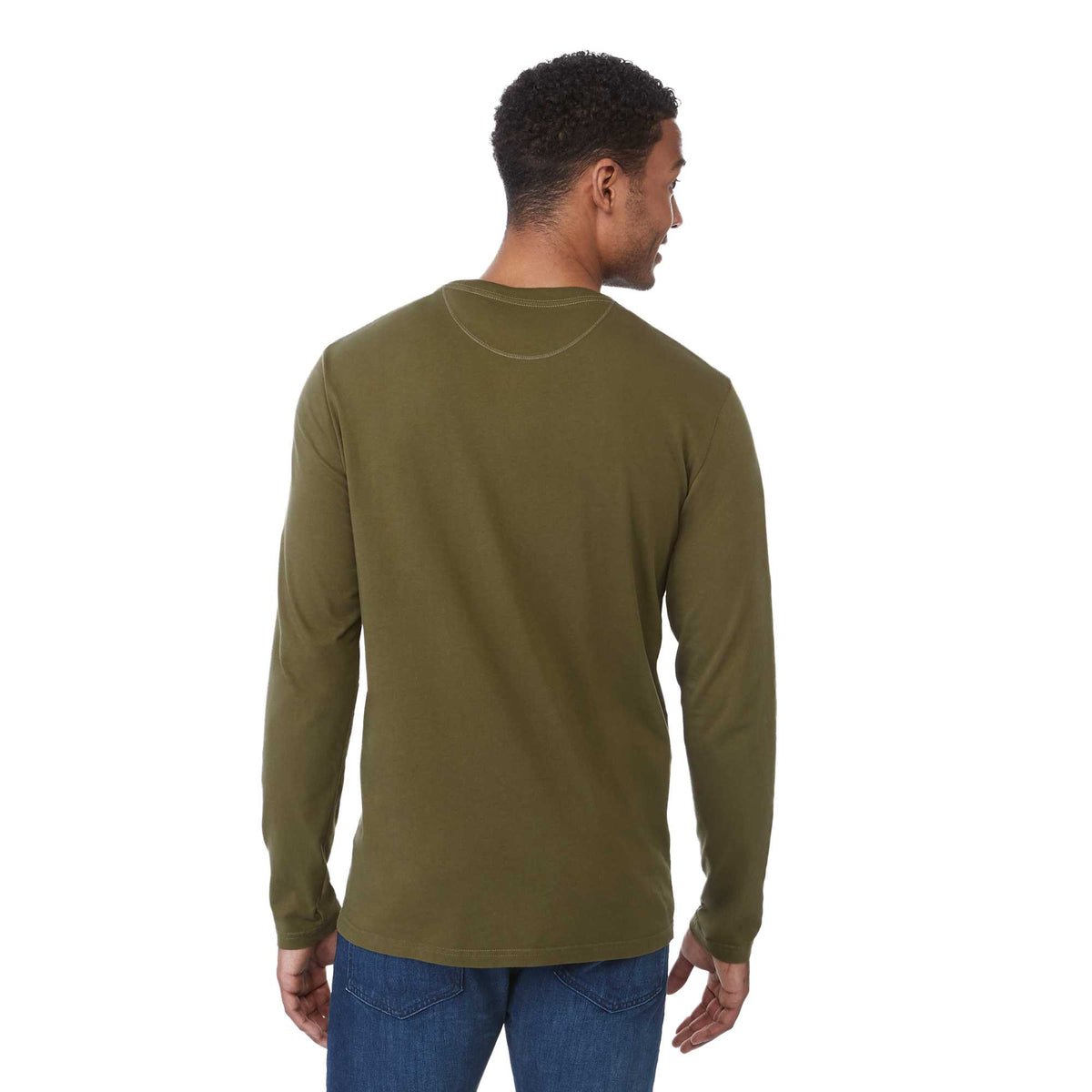tentree Long Sleeve Tee in Fairtrade Organic Cotton for Men Transfer - ten Olive Night Green - Back On Model