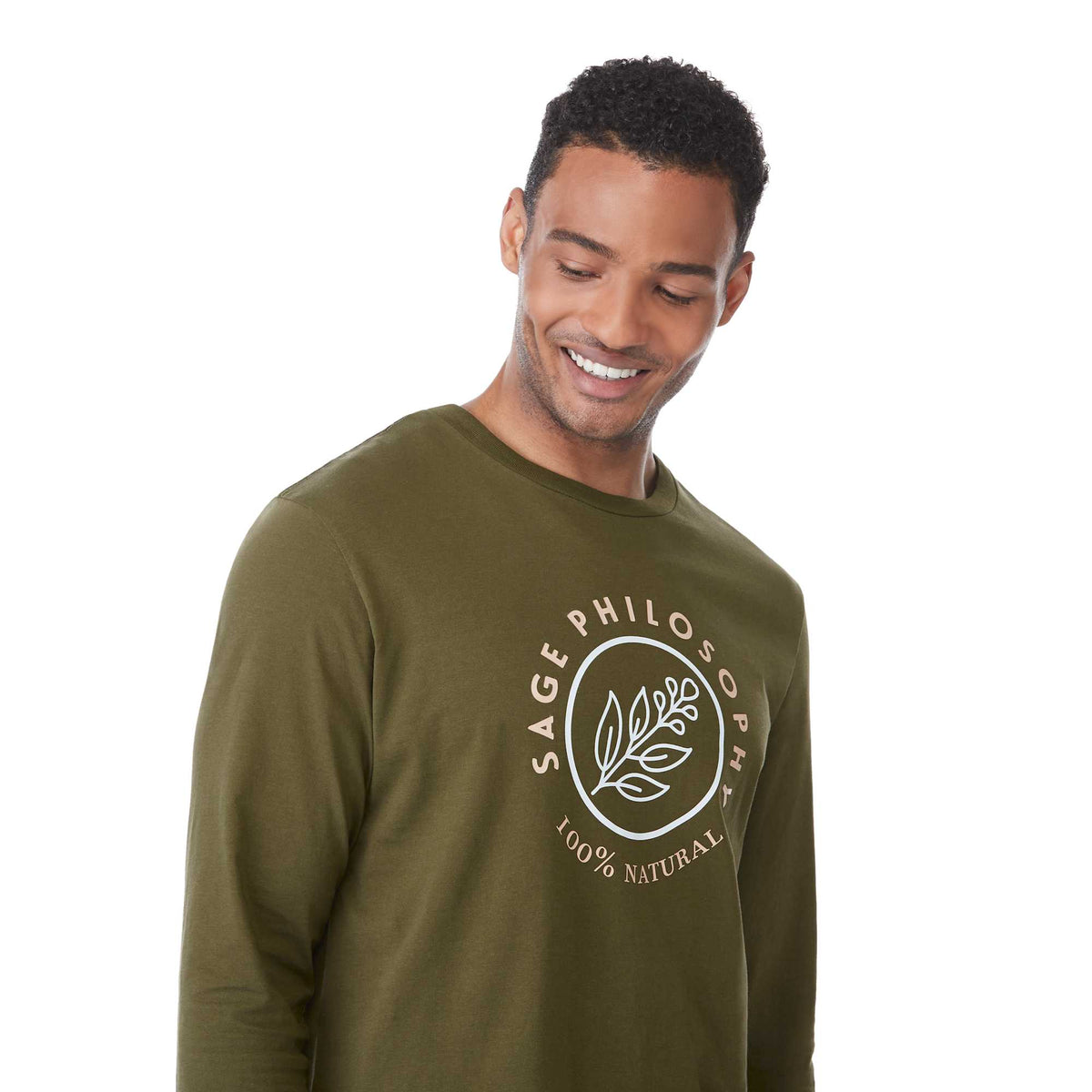 tentree Long Sleeve Tee in Fairtrade Organic Cotton for Men Transfer - ten Olive Night Green - Right Angle On Model