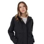 tentree Nimbus Long Waterproof Rain Jacket for Women Embroidery - ten Meteorite Black - Front Detail On Model 2