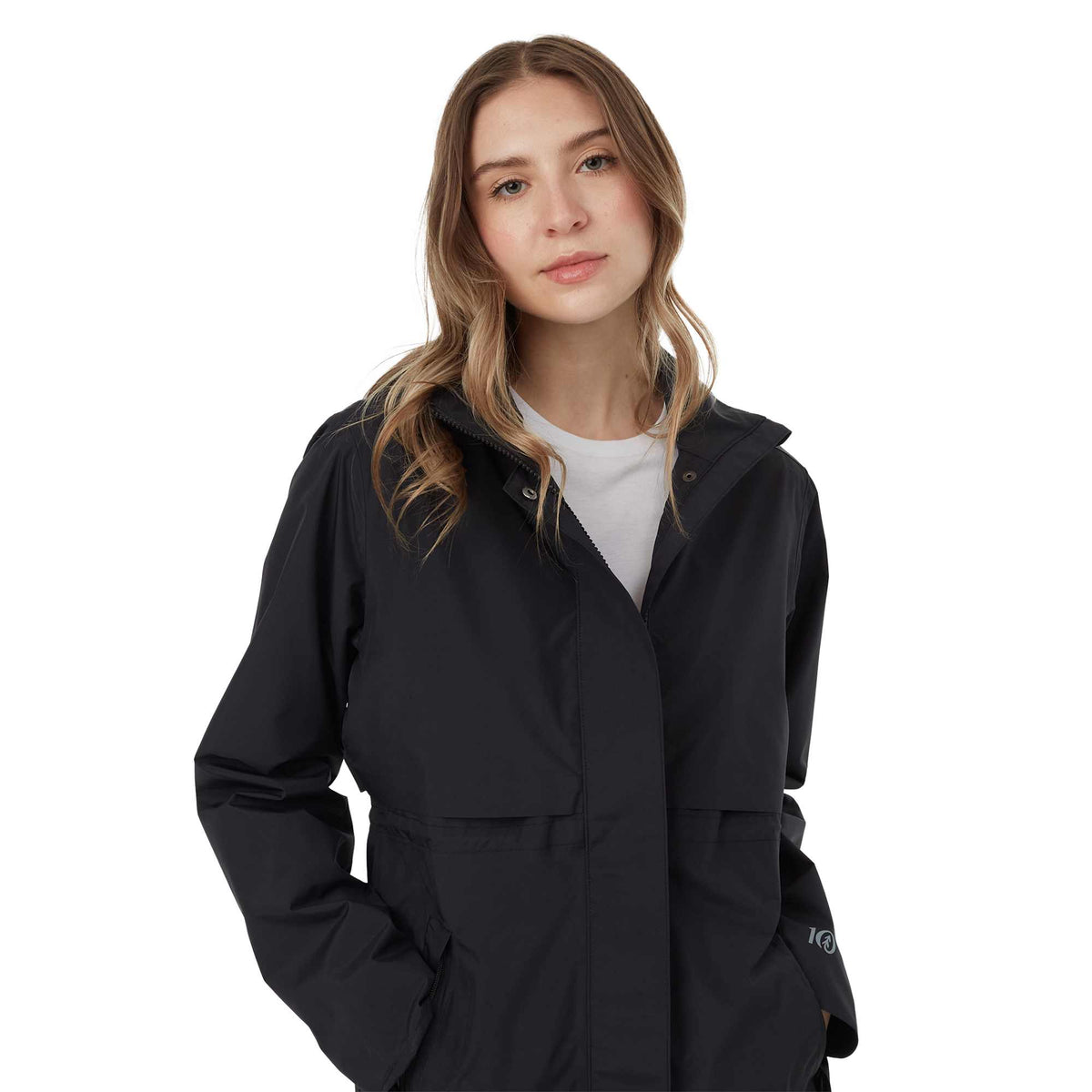 tentree Nimbus Long Waterproof Rain Jacket for Women Embroidery - ten Meteorite Black - Front Detail On Model 2