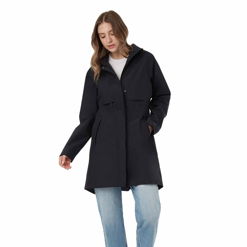 tentree Nimbus Long Waterproof Rain Jacket for Women Embroidery - ten Meteorite Black - Front On Model 2