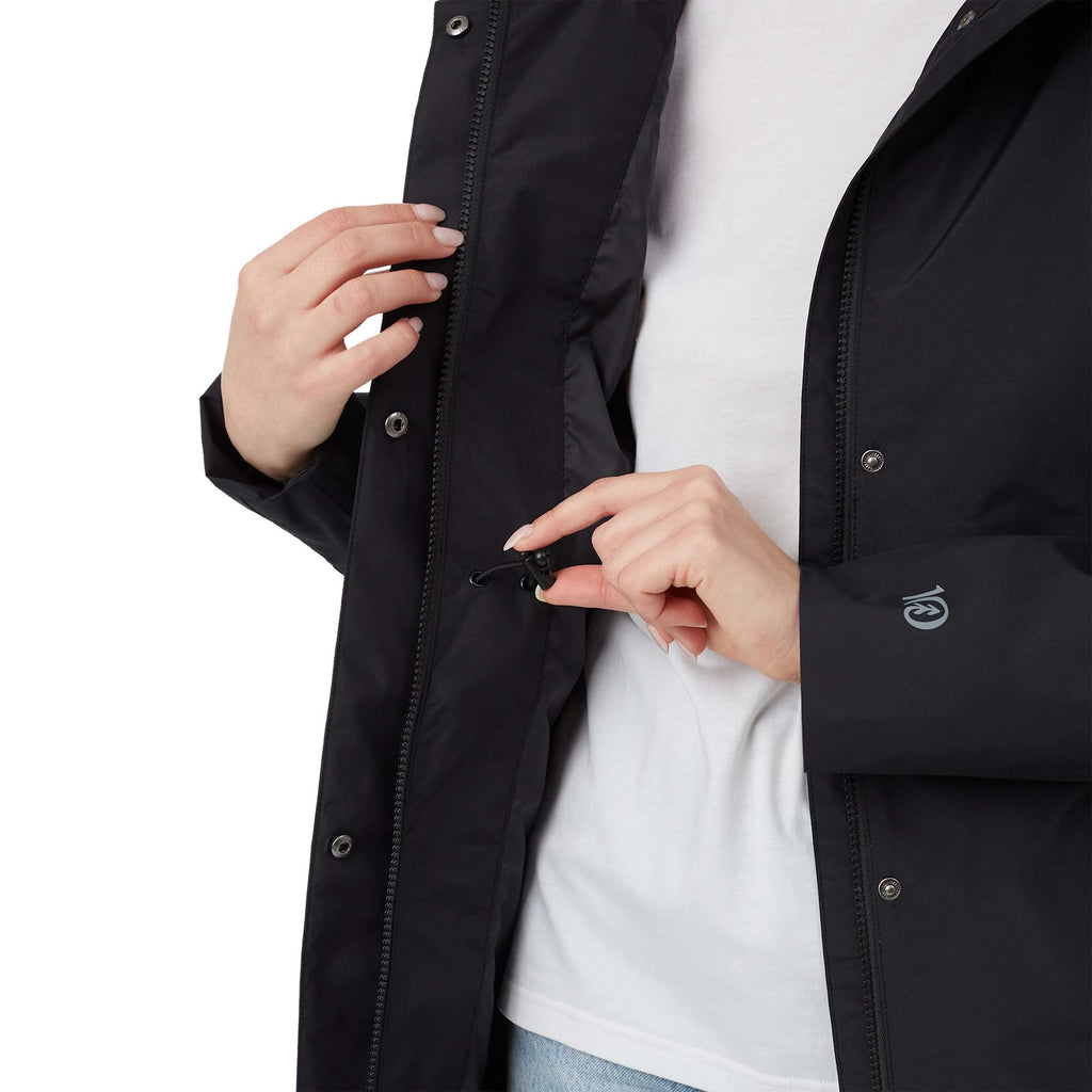 tentree Nimbus Long Waterproof Rain Jacket for Women Transfer - ten Meteorite Black - Detail On Model