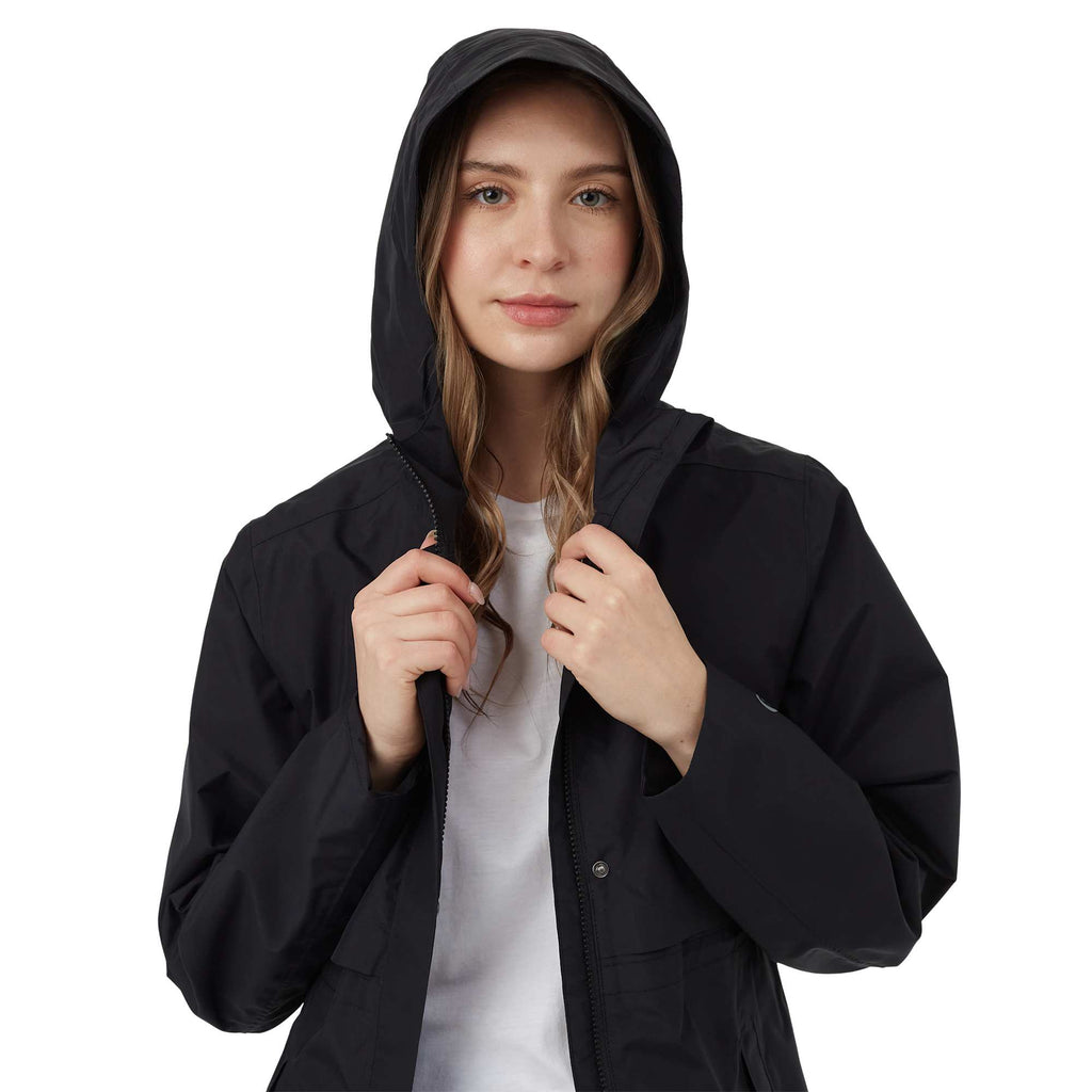 tentree Nimbus Long Waterproof Rain Jacket for Women Transfer - ten Meteorite Black - Front Detail On Model