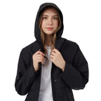tentree Nimbus Long Waterproof Rain Jacket for Women Transfer - ten Meteorite Black - Front Detail On Model