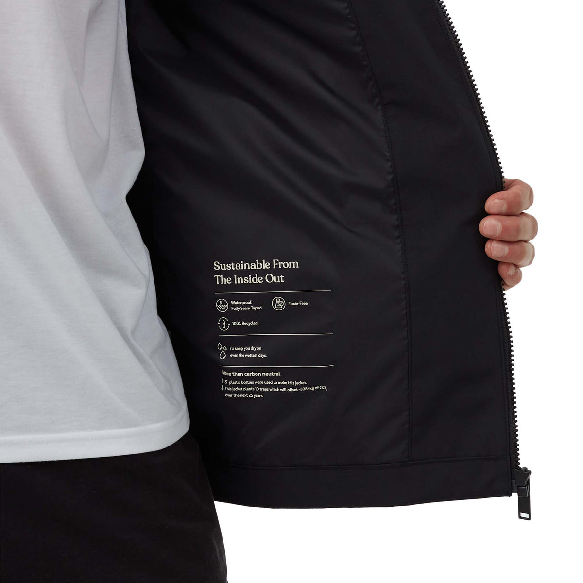 tentree Nimbus Waterproof Rain Jacket for Men Transfer - ten Meteorite Black - Front Detail On Model