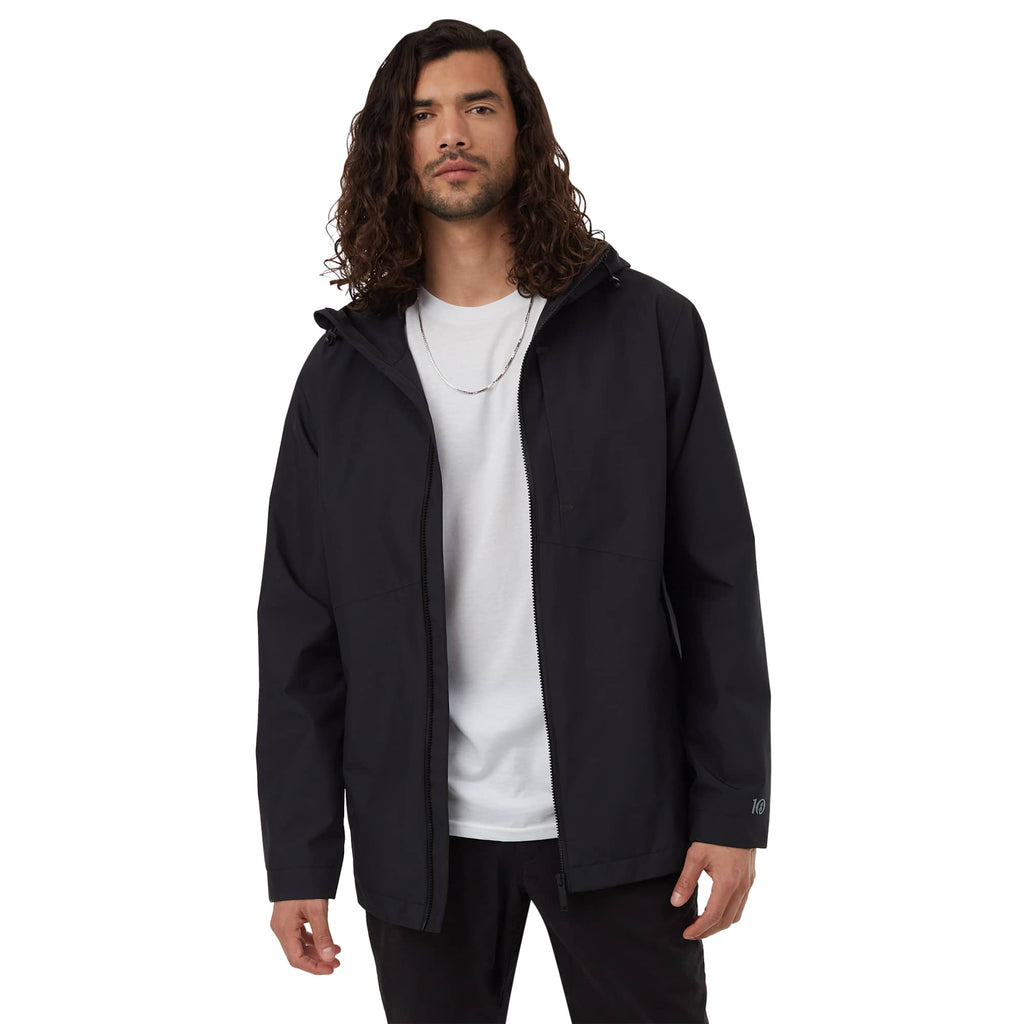 tentree Nimbus Waterproof Rain Jacket for Men Transfer - ten Meteorite Black - Front On Model 2