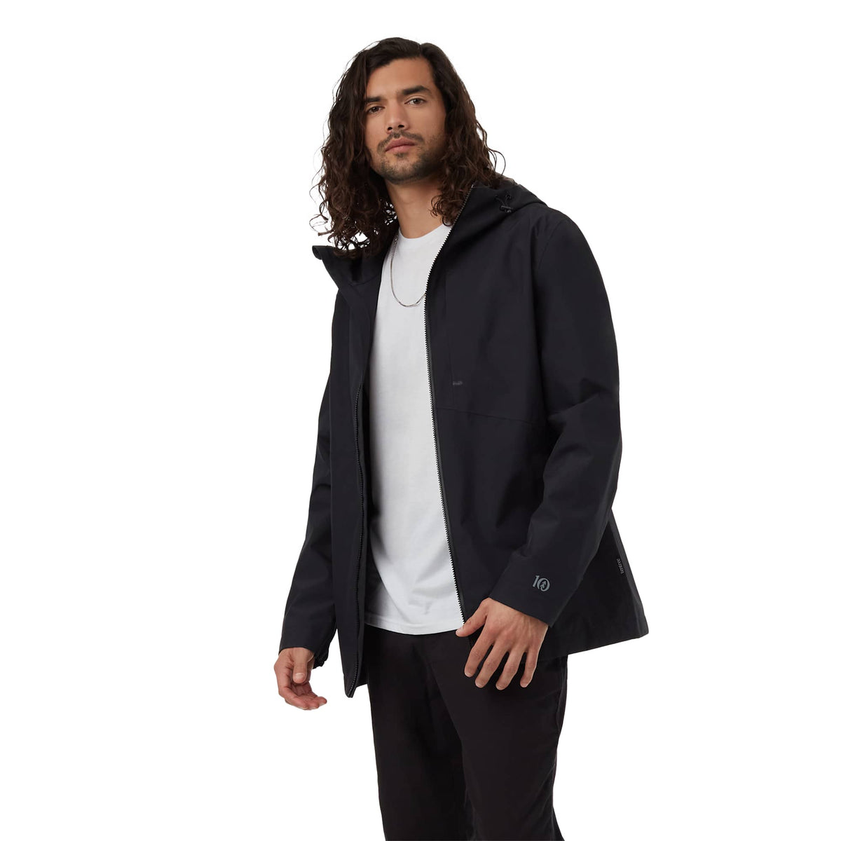 tentree Nimbus Waterproof Rain Jacket for Men Transfer - ten Meteorite Black - Left Angle On Model 2