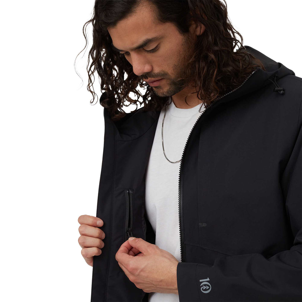 tentree Nimbus Waterproof Rain Jacket for Men Transfer - ten Meteorite Black - Left Angle On Model 3