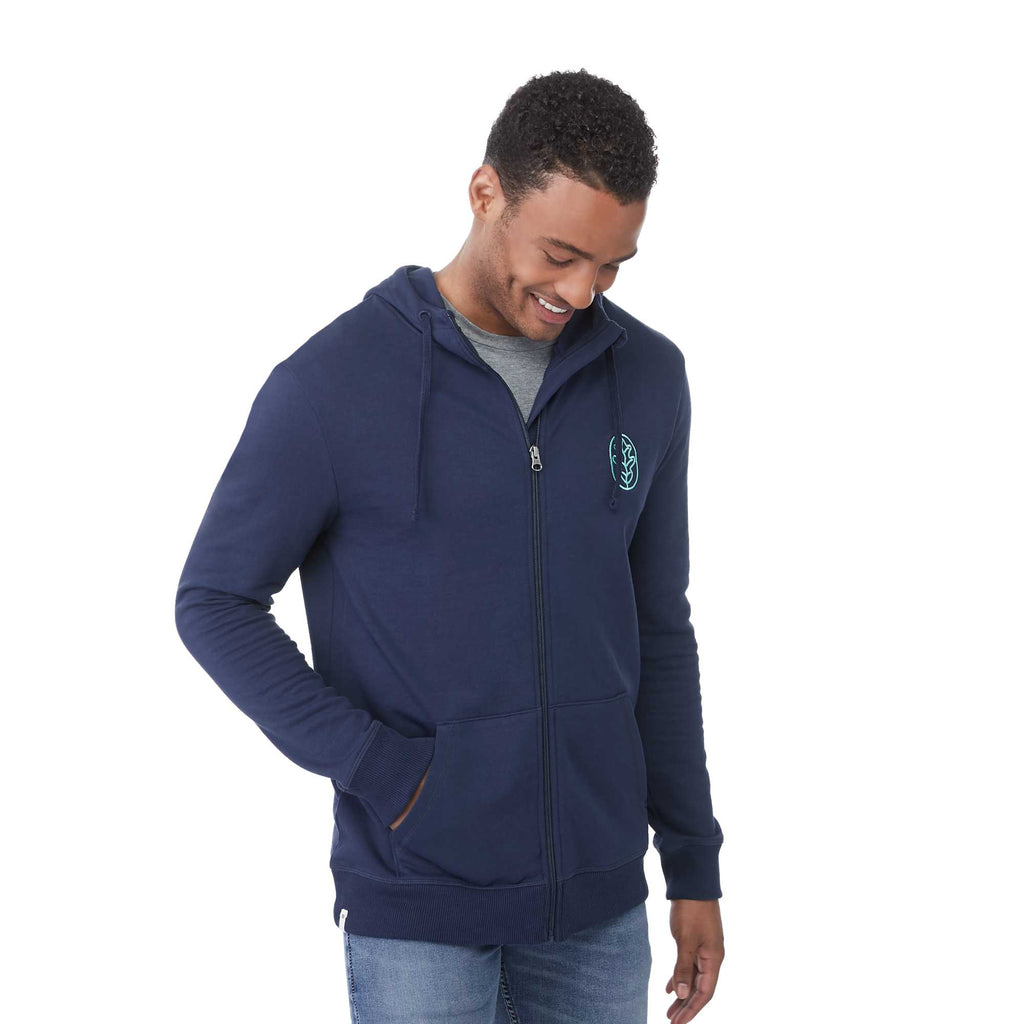 Tentree Organic Cotton Full Zip Hoodie for Men Embroidery - ten Dress Blue - Left Angle On Model 2