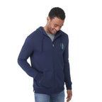 Tentree Organic Cotton Full Zip Hoodie for Men Embroidery - ten Dress Blue - Left Angle On Model 2