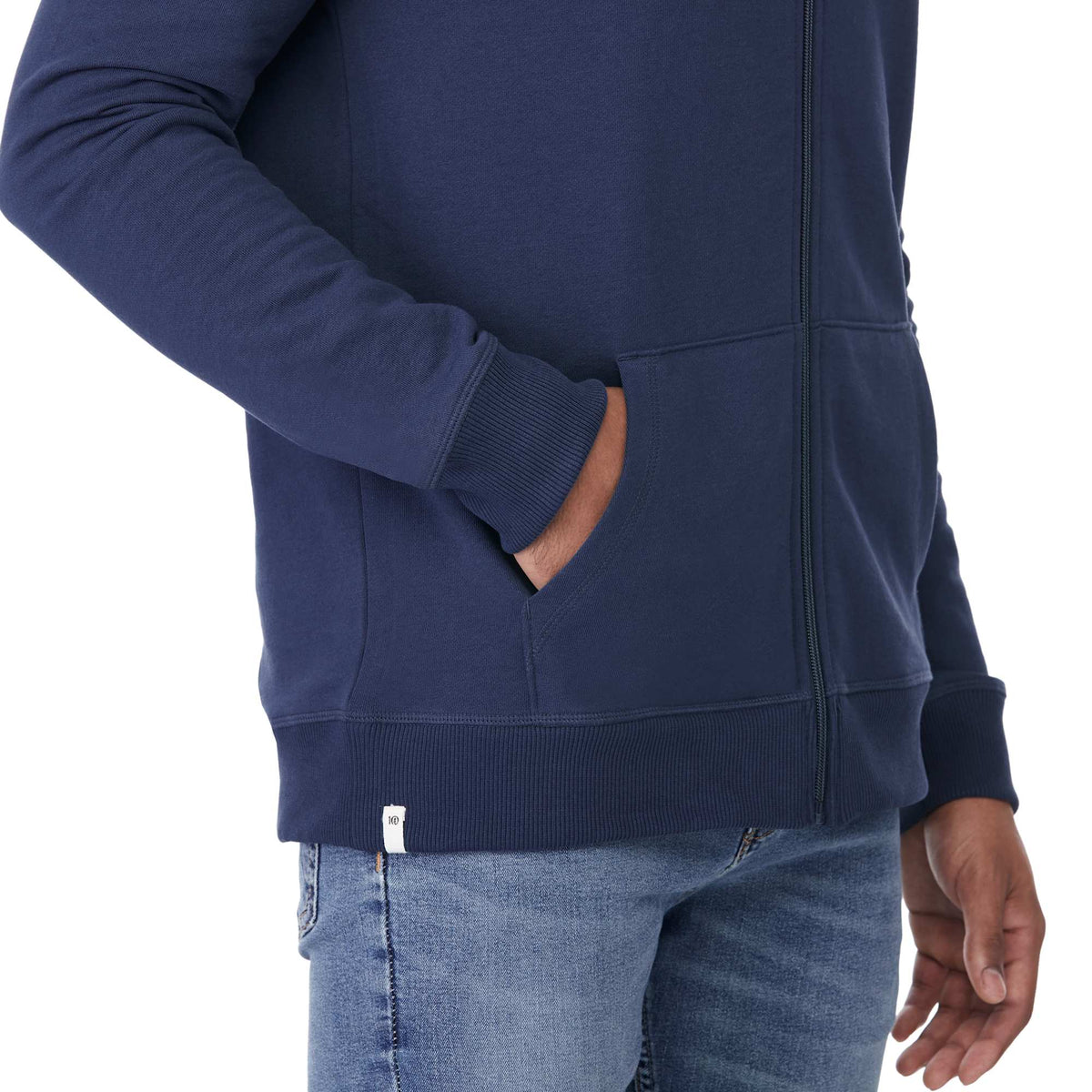 Tentree Organic Cotton Full Zip Hoodie for Men Embroidery - ten Dress Blue - Left Angle On Model