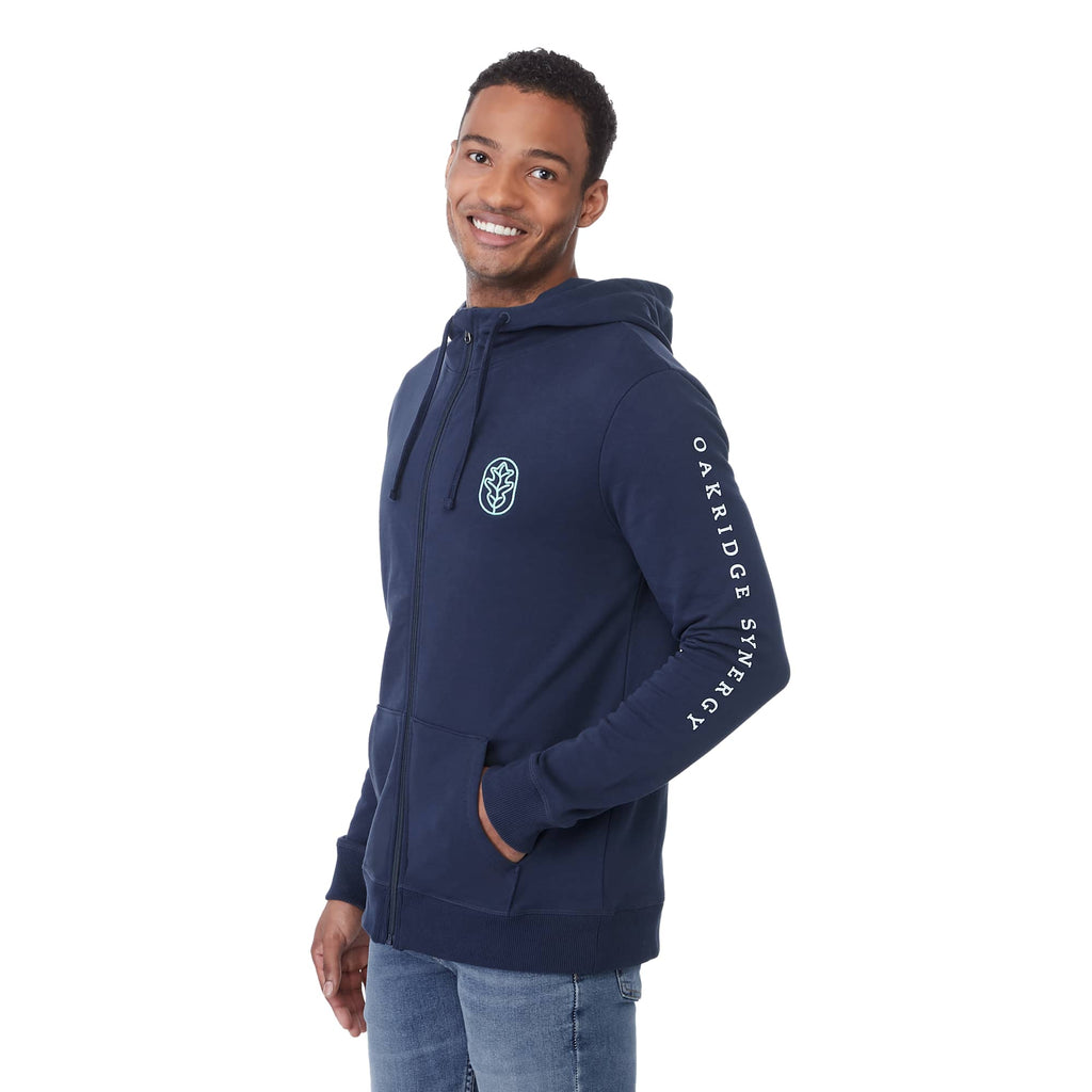 Tentree Organic Cotton Full Zip Hoodie for Men Embroidery - ten Dress Blue - Right Angle On Model