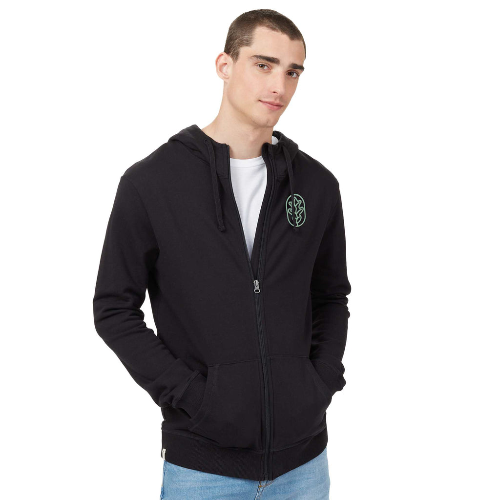 Tentree Organic Cotton Full Zip Hoodie for Men Embroidery - ten Meteorite Black - On Model Front