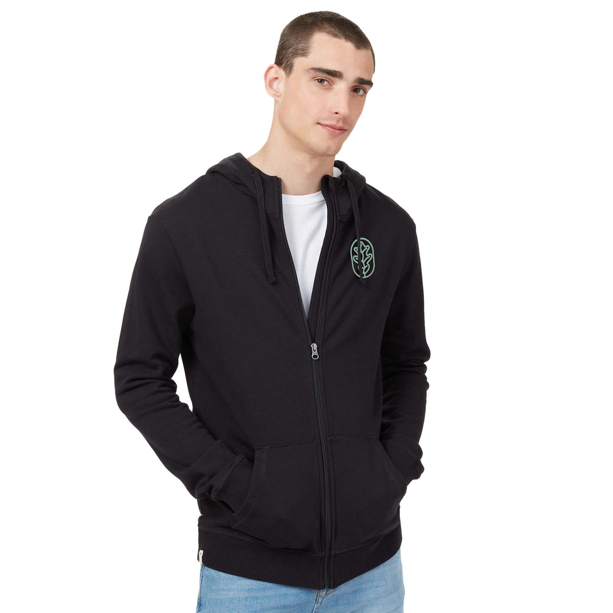 Tentree Organic Cotton Full Zip Hoodie for Men Embroidery - ten Meteorite Black - On Model Front