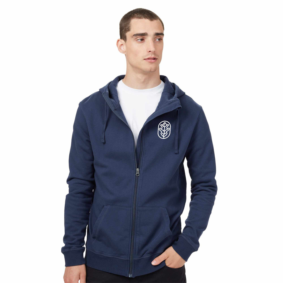 Tentree Organic Cotton Full Zip Hoodie for Men Transfer - ten Dress Blue - On Model Front