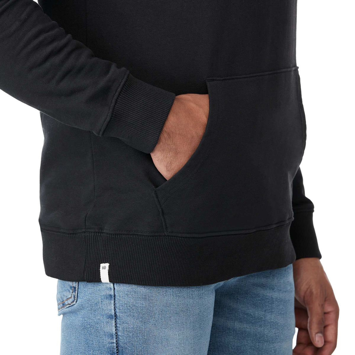 Tentree Organic Cotton Pullover Hoodie for Men Embroidery - ten Meteorite Black - Left Angle On Model