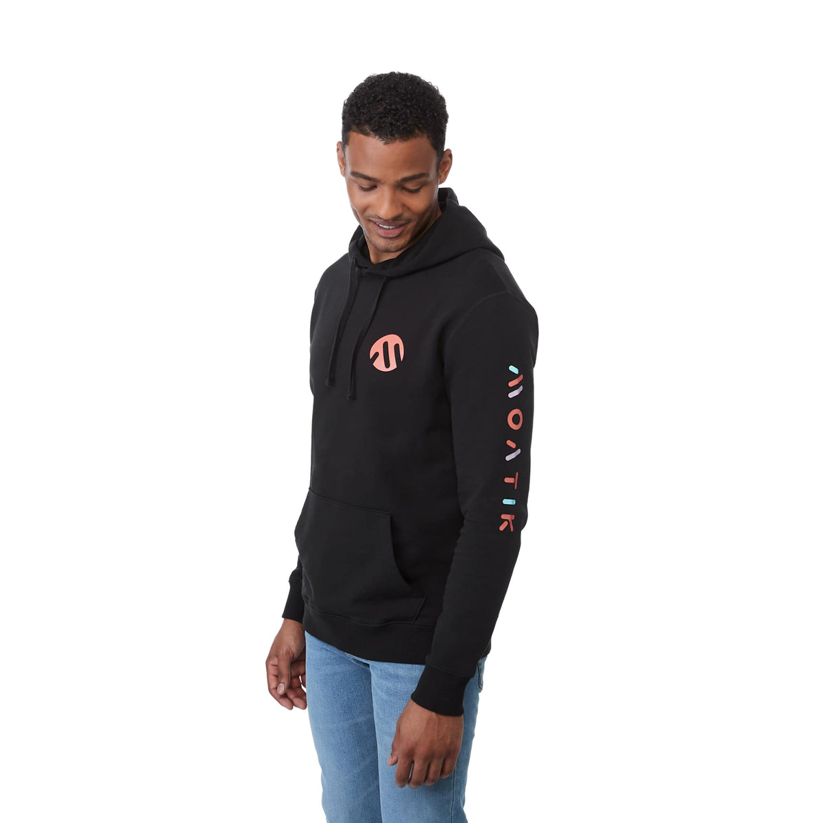 Tentree Organic Cotton Pullover Hoodie for Men Transfer - ten Meteorite Black - Right Angle On Model