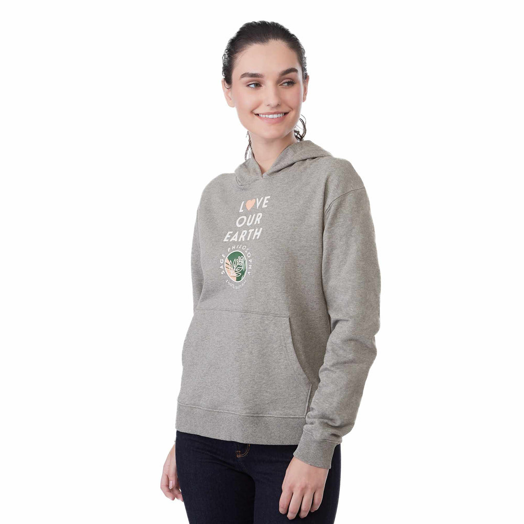 Tentree Organic Cotton Pullover Hoodie for Women Embroidery - ten Heather Grey - Left Angle On Model 2