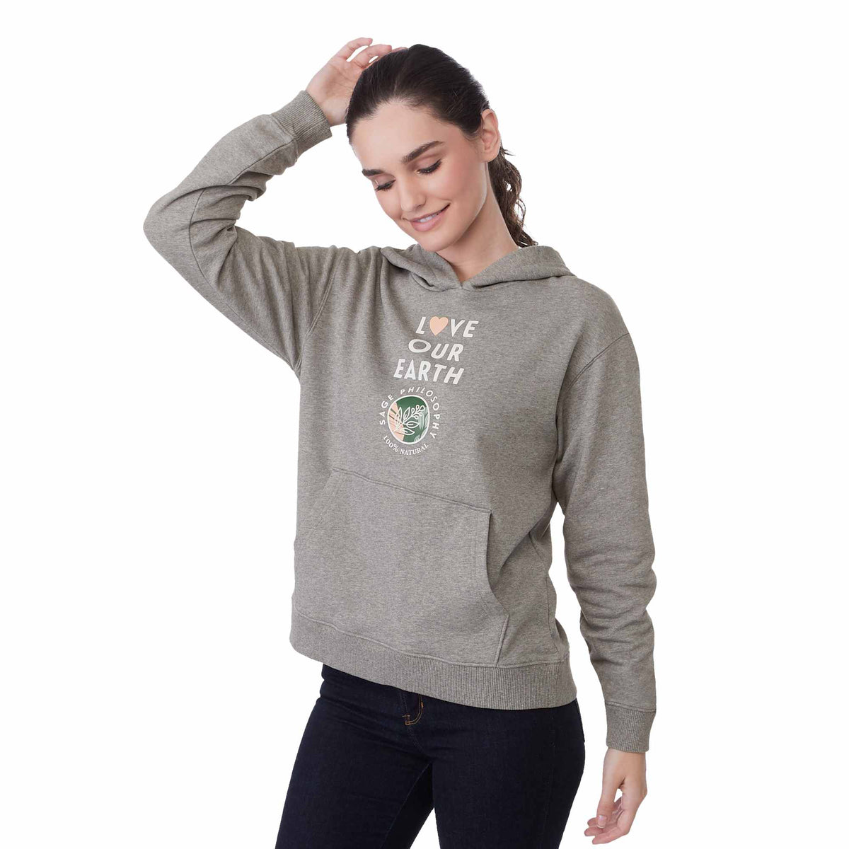 Tentree Organic Cotton Pullover Hoodie for Women Transfer - ten Heather Grey - Left Angle On Model
