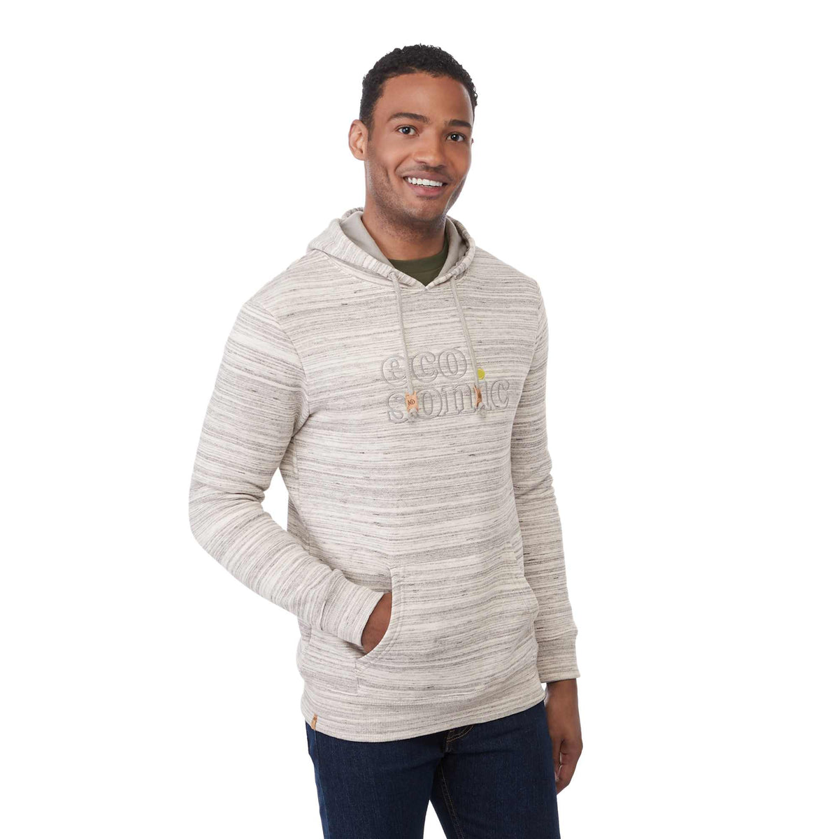 Tentree Space Dye Fleece Hoodie for Men Embroidery - ten Hi Rise Grey Space Dye - Right Angle On Model 2