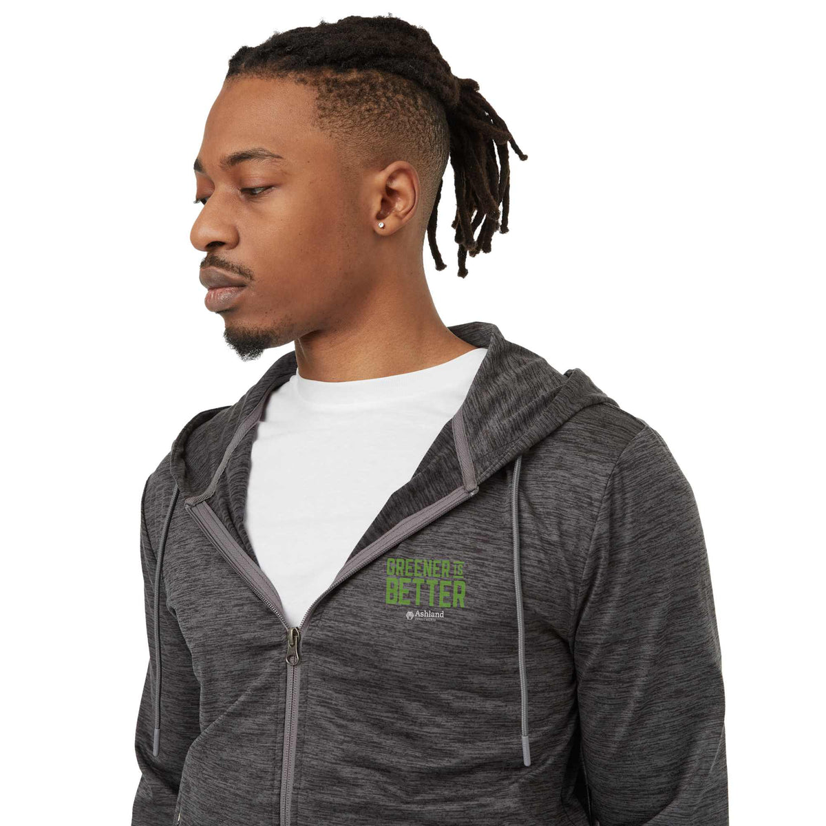 Tentree Stretch Knit Full Zip Hoodie for Men Embroidery - ten Granite Grey Space Dye - Left Angle On Model