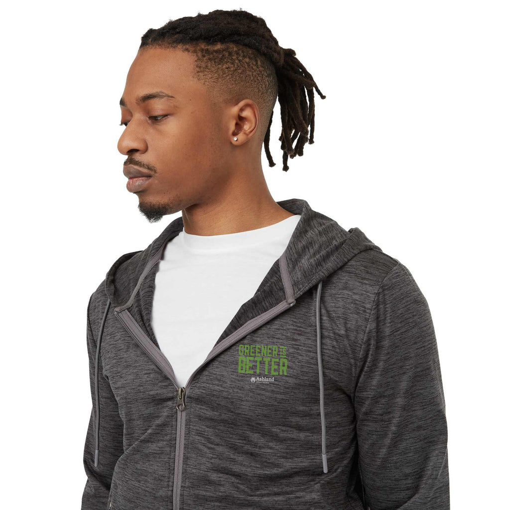 Tentree Stretch Knit Full Zip Hoodie for Men Transfer - ten Granite Grey Space Dye - Left Angle On Model