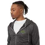 Tentree Stretch Knit Full Zip Hoodie for Men Transfer - ten Granite Grey Space Dye - Left Angle On Model