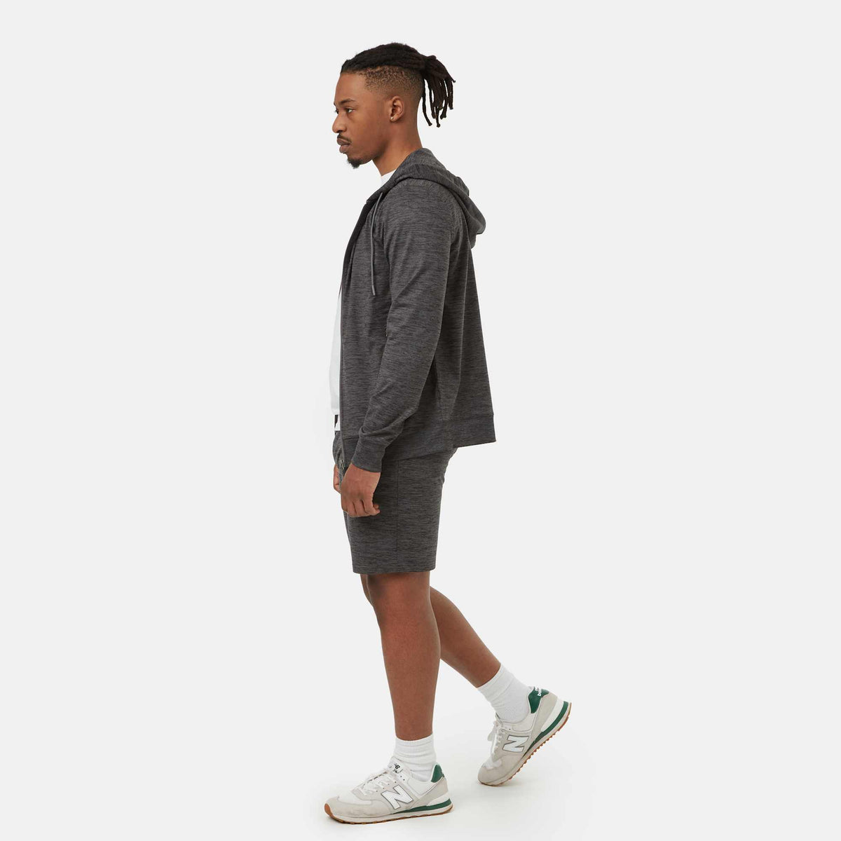 Tentree Stretch Knit Full Zip Hoodie for Men Transfer - ten Granite Grey Space Dye - Left Side On Model
