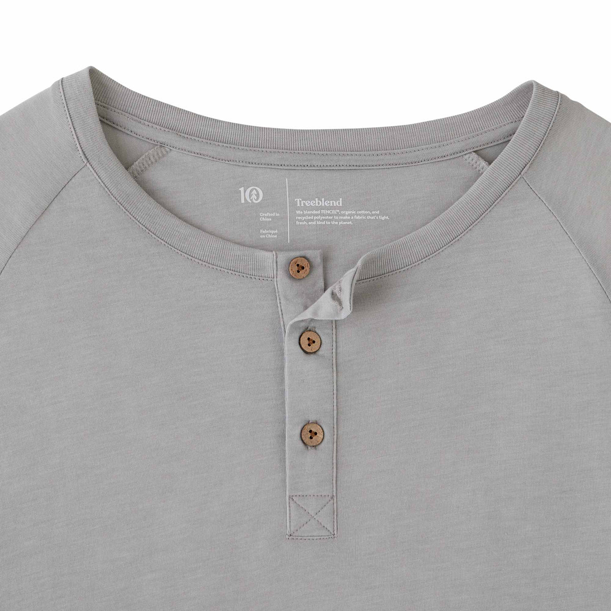 tentree TreeBlend Henley with Long Sleeves for Men Embroidery - ten Hi Rise Grey Heather - Collar Detail
