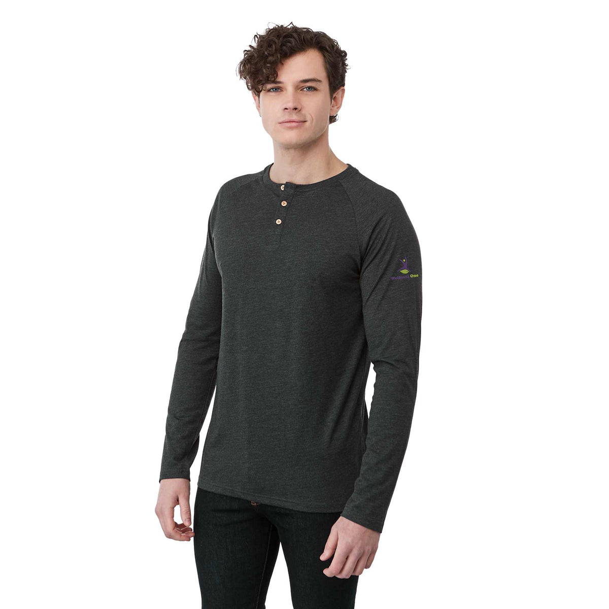 tentree TreeBlend Henley with Long Sleeves for Men Embroidery - ten Meteorite Black Heather - Left Angle On Model