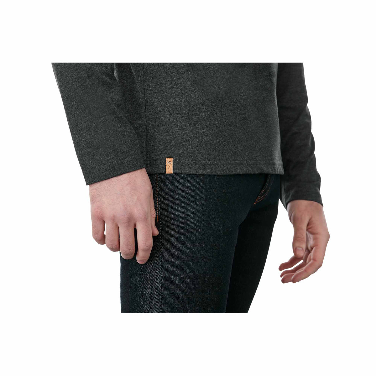 tentree TreeBlend Henley with Long Sleeves for Men Embroidery - ten Meteorite Black Heather - Right Side On Model