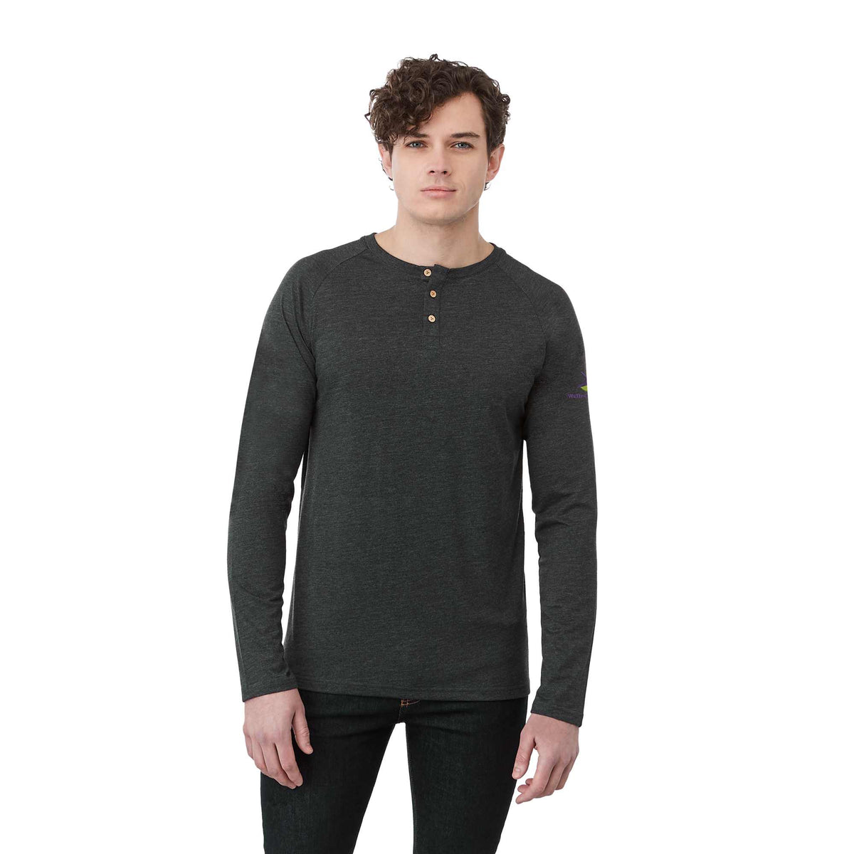 tentree TreeBlend Henley with Long Sleeves for Men Transfer - ten Meteorite Black Heather - Front On Model
