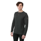 tentree TreeBlend Henley with Long Sleeves for Men Transfer - ten Meteorite Black Heather - Left Angle On Model