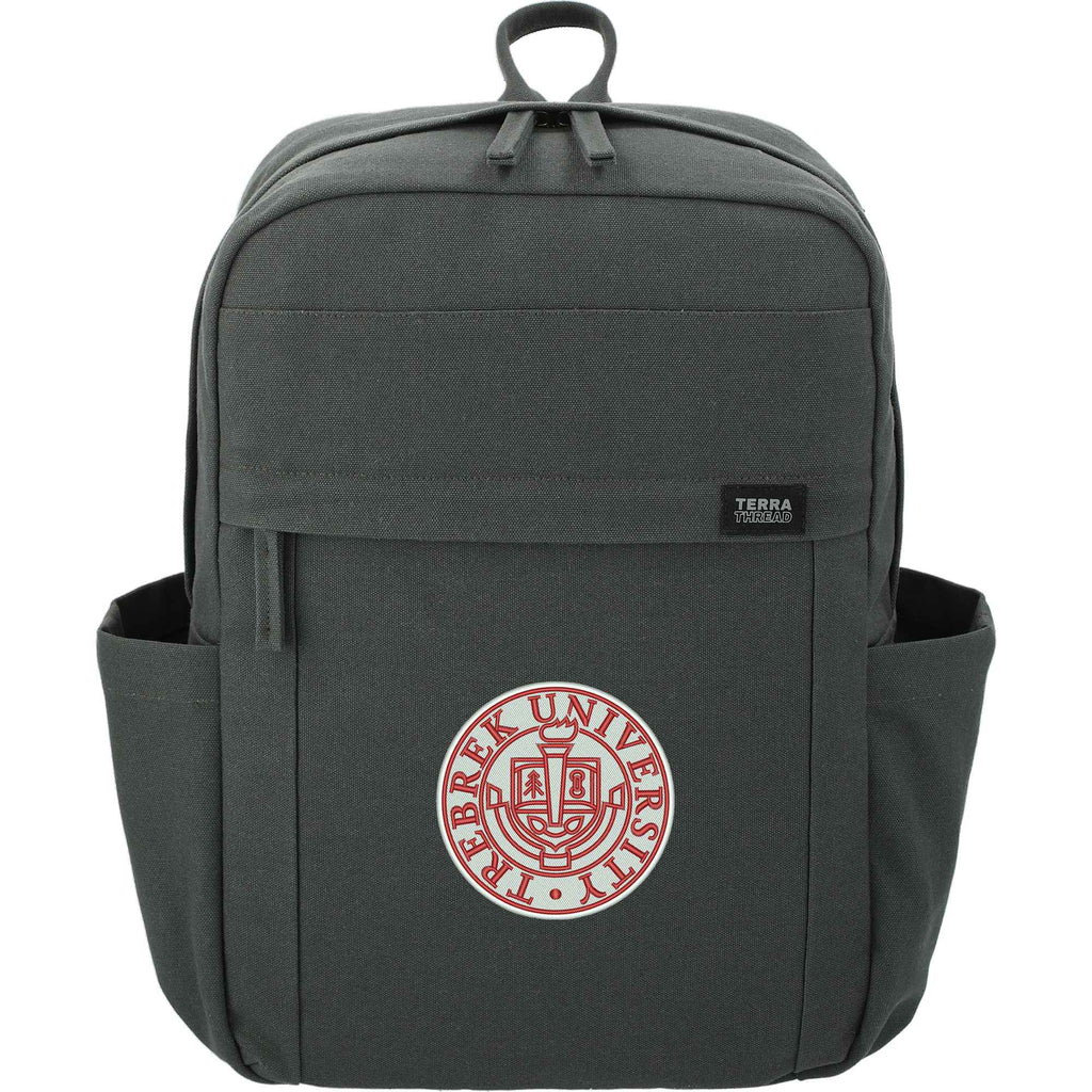 Terra Thread Earth Backpack in Fairtrade Organic Cotton, 15 Inch Embroidery - Charcoal - Front
