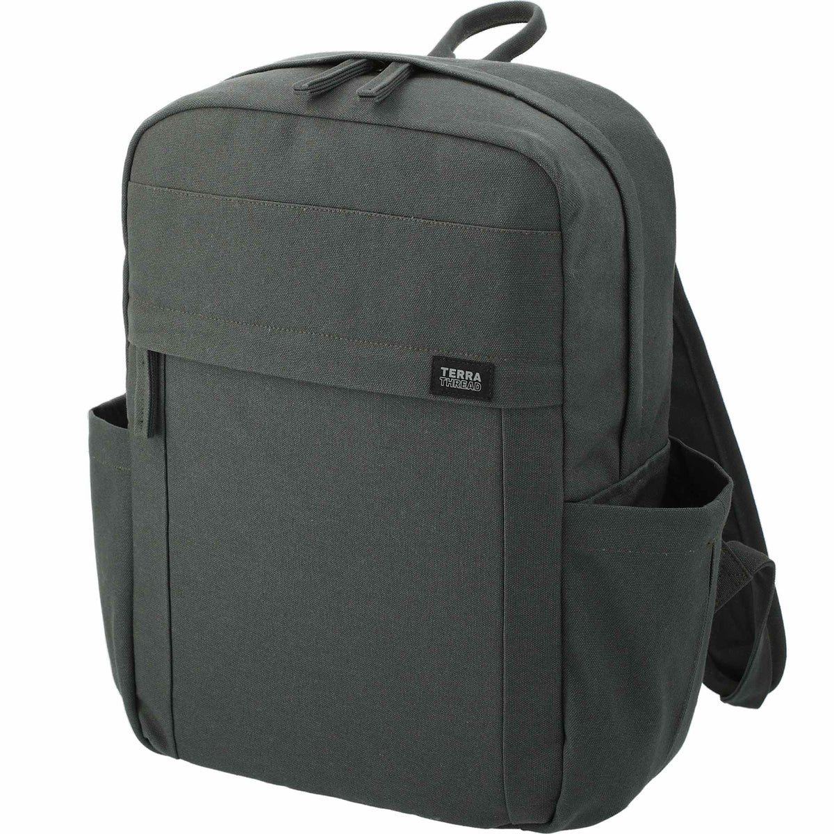 Terra Thread Earth Backpack in Fairtrade Organic Cotton, 15 Inch Embroidery - Charcoal - Left Angle 2