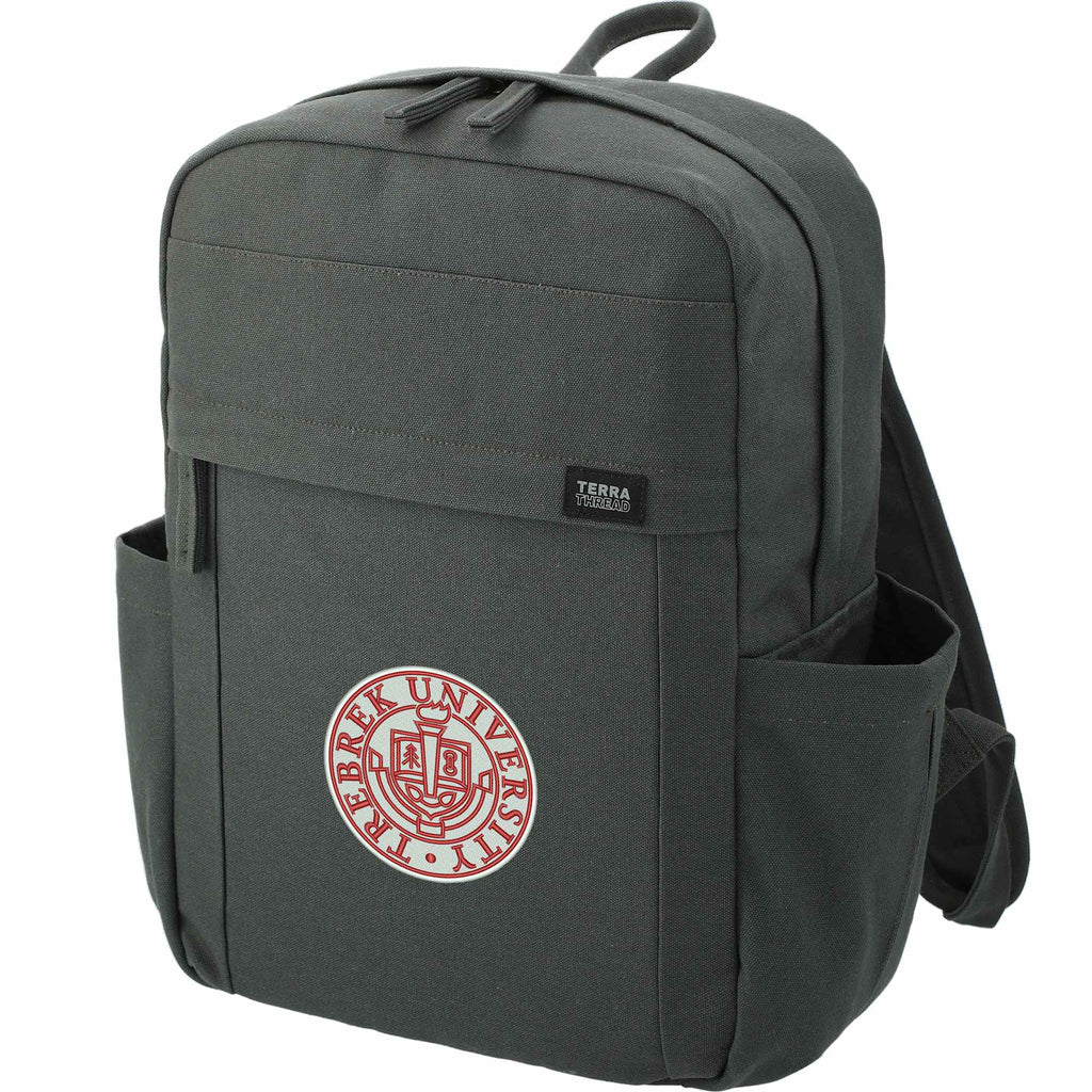 Terra Thread Earth Backpack in Fairtrade Organic Cotton, 15 Inch Embroidery - Charcoal - Left Angle