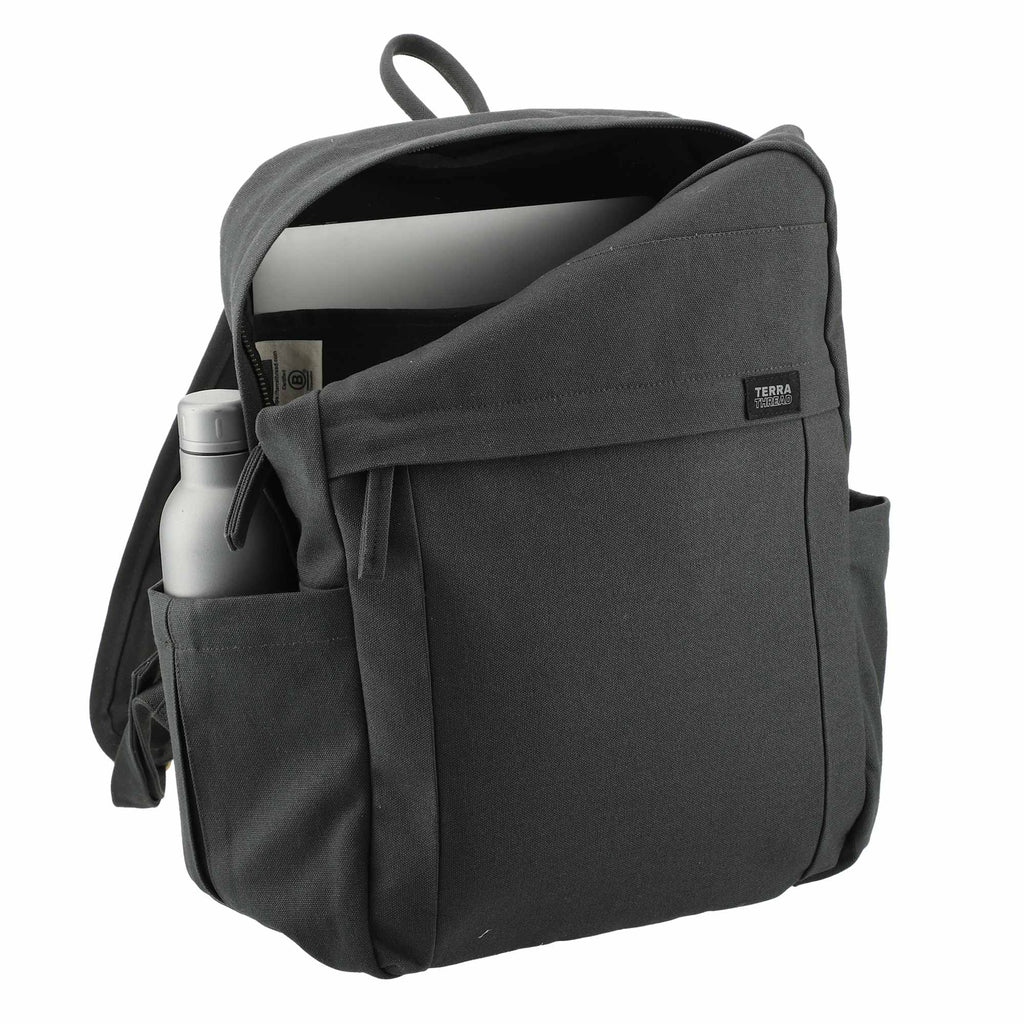 Terra Thread Earth Backpack in Fairtrade Organic Cotton, 15 Inch Embroidery - Charcoal - Right Angle 3