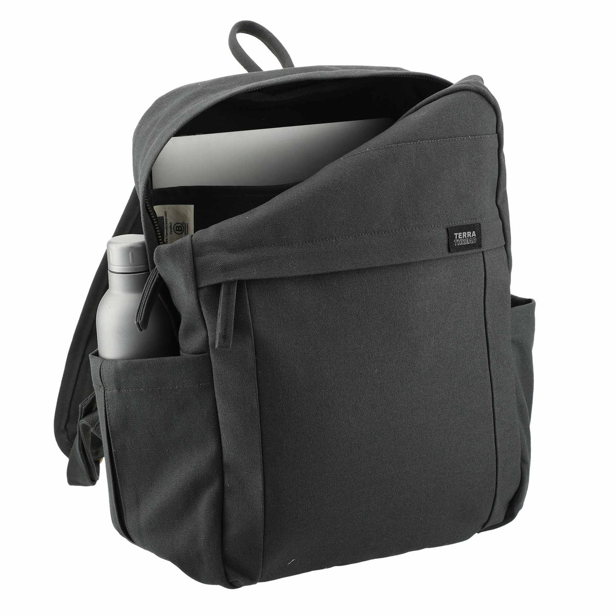 Terra Thread Earth Backpack in Fairtrade Organic Cotton, 15 Inch Embroidery - Charcoal - Right Angle 3