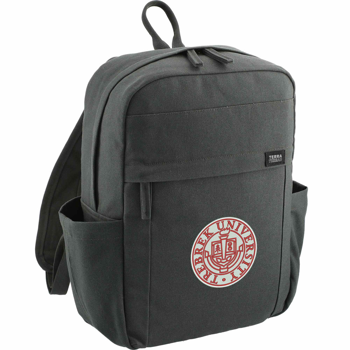 Terra Thread Earth Backpack in Fairtrade Organic Cotton, 15 Inch Embroidery - Charcoal - Right Angle