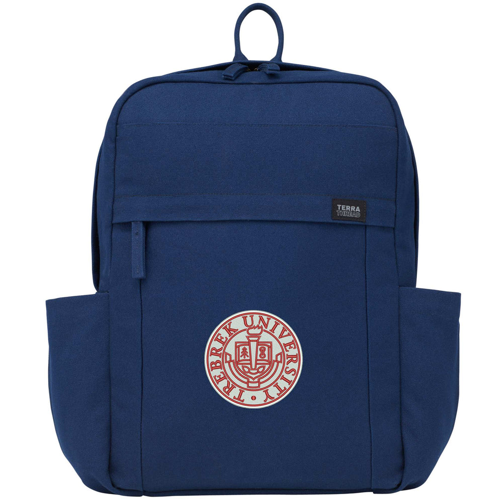 Terra Thread Earth Backpack in Fairtrade Organic Cotton, 15 Inch Embroidery - Navy - Front